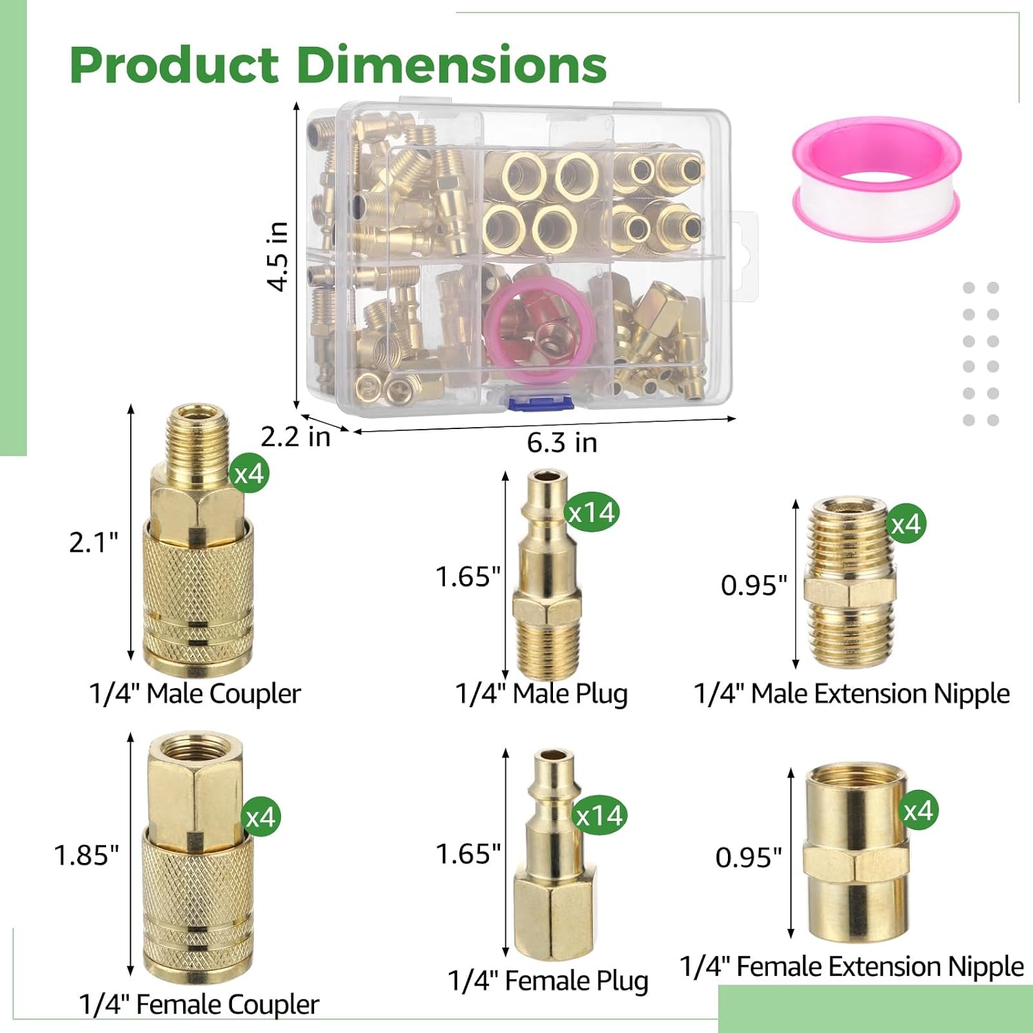45 PCS Air Coupler & Plug Kit, 1/4 in NPT Quick Connect Air Fittings Set, Industrial M Style Couplers Plugs, Copper Plated Iron with Brass Hex, 300 PSI, Air Compressor Accessories