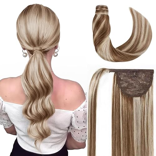 RECOOL Extensión de cola de caballo de cabello humano marrón claro con rubio decolorado, extensiones de cabello humano Remy real, extensión de cola