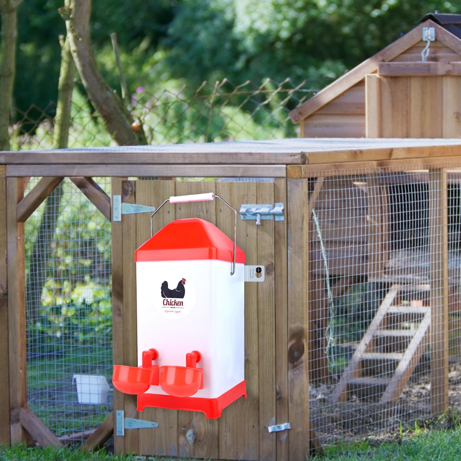 2 Pack Chicken Feeder and Waterer Set Hanging Automatic Chicken Feeder No Waste 1 Gallon 2-Port Poultry Rent a Coop Water Feeder Treadle Chick Feed Storage Container for Inside Outside Chicken Coop