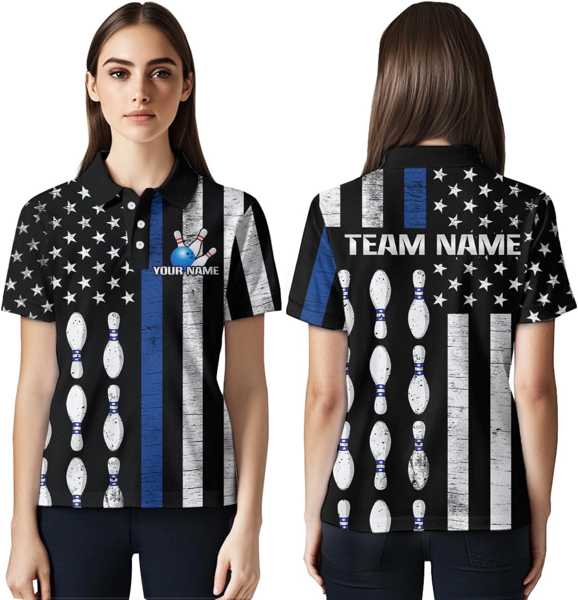 American Bowling Shirts Custom Blue Bowling Jersey for Men Women Matching Patriotic Bowling Polo Team Bowling 1/4 Shirt