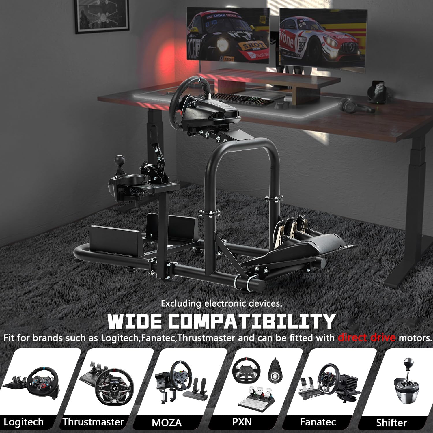 Image displaying compatibility with Logitech, Thrustmaster, MOZA, PXN, and Fanatec racing peripherals.