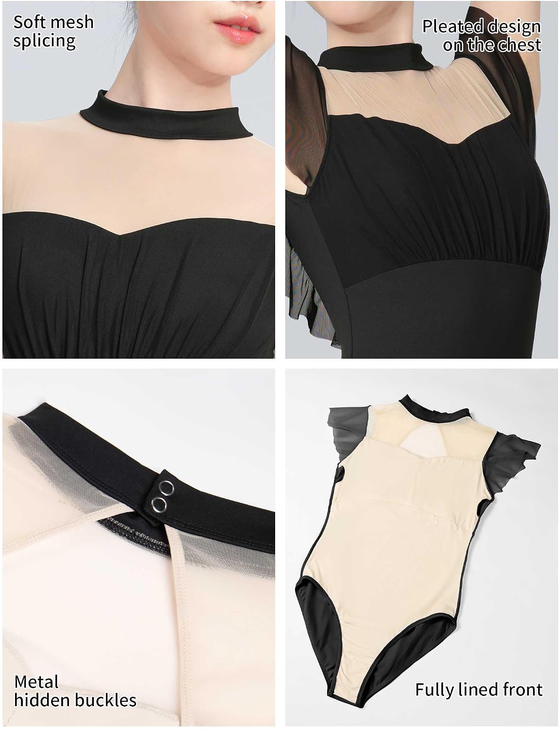 Women's Ballet Leotards with Mesh Splicing, Ruffle Sleeve Dance Bodysuit with Full Front Lining