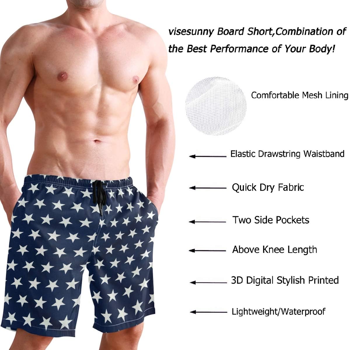 visesunny Fashion Cool Style Men's Beach Shorts Swim Trunks Quick Dry Casual Polyester Swim Shorts with Pockets S-XXL…