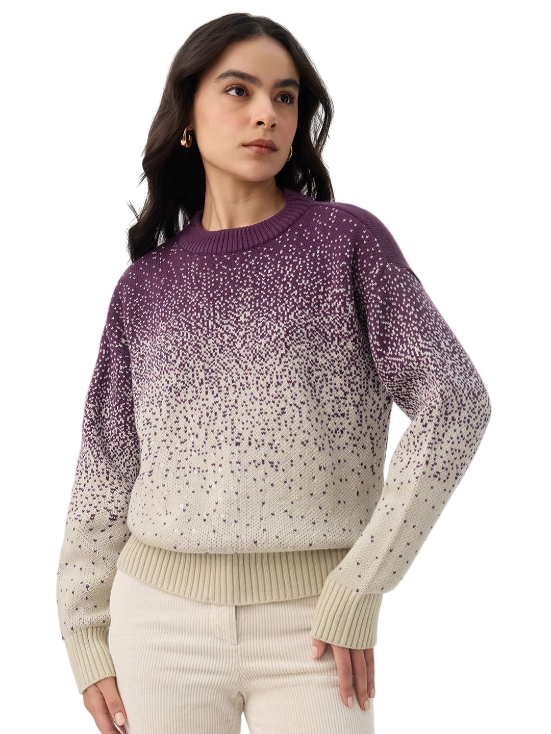 the souled store Starlight Women and Girls Full Sleeves Round Neck Purple and Beige Gradient Knitted Acrylic Ribbed Drop Shoulder Streetwear Casual Oversized Sweater-picture-19