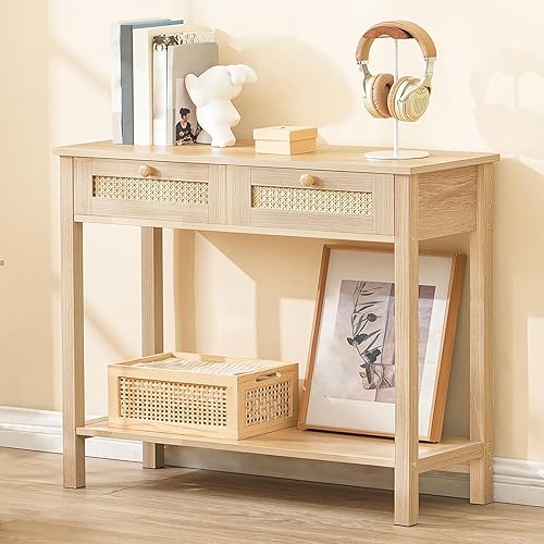 HOOBRO Mesa consola estrecha similar a ratán con 2 cajones, mesa de sofá de 31.5 pulgadas con almacenamiento, espacio de almacenamiento abierto y disponible en Yaxa Guatemala