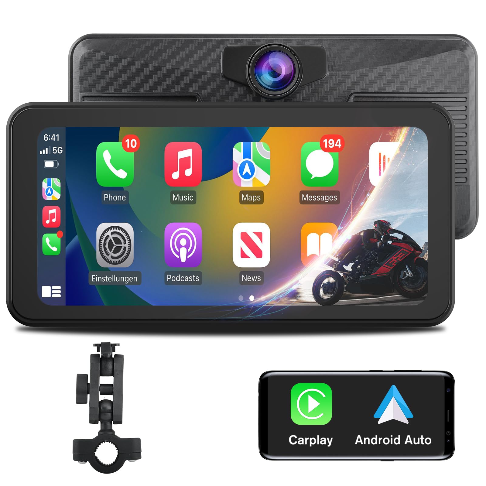 Junsun Motorrad-Navigationssystem mit CarPlay Android Auto mit 6.25" Screen