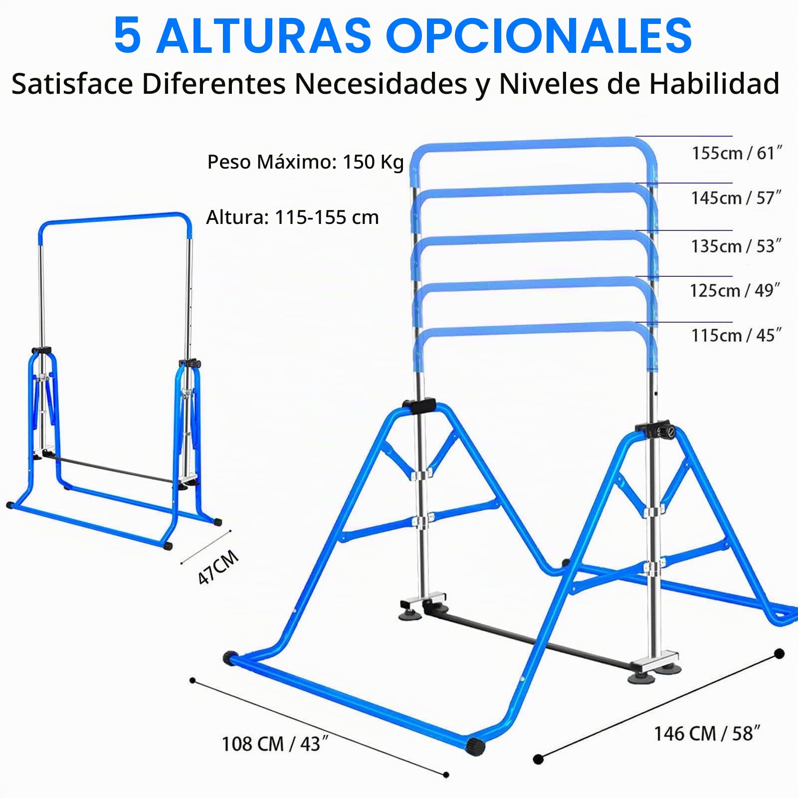 Barra Horizontal de Gimnasia, Barra de Entrenamiento Juvenil, Equipo de Gimnasia para el hogar, Altura telescópica Ajustable, Barra Horizontal Plegable con Anillos de Gimnasia para niños