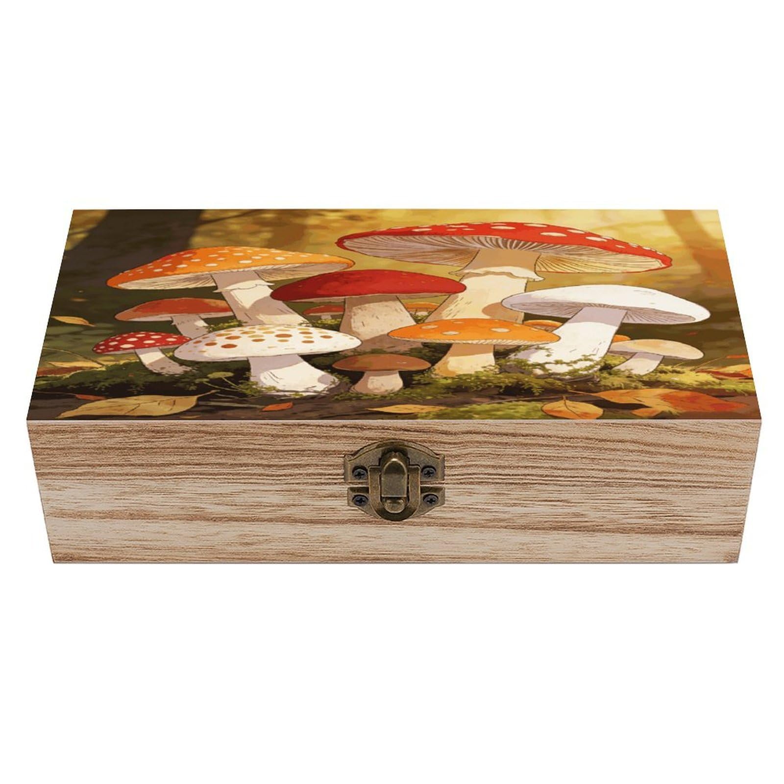 LZQPOEAS Mushroom Art Wooden Keepsake Box Wooden Storage Box Container with Hinged Lid Beautiful Wood Memory Box Decorative Jewelry Case for Crafts Art Hobbies & Trinket Storage