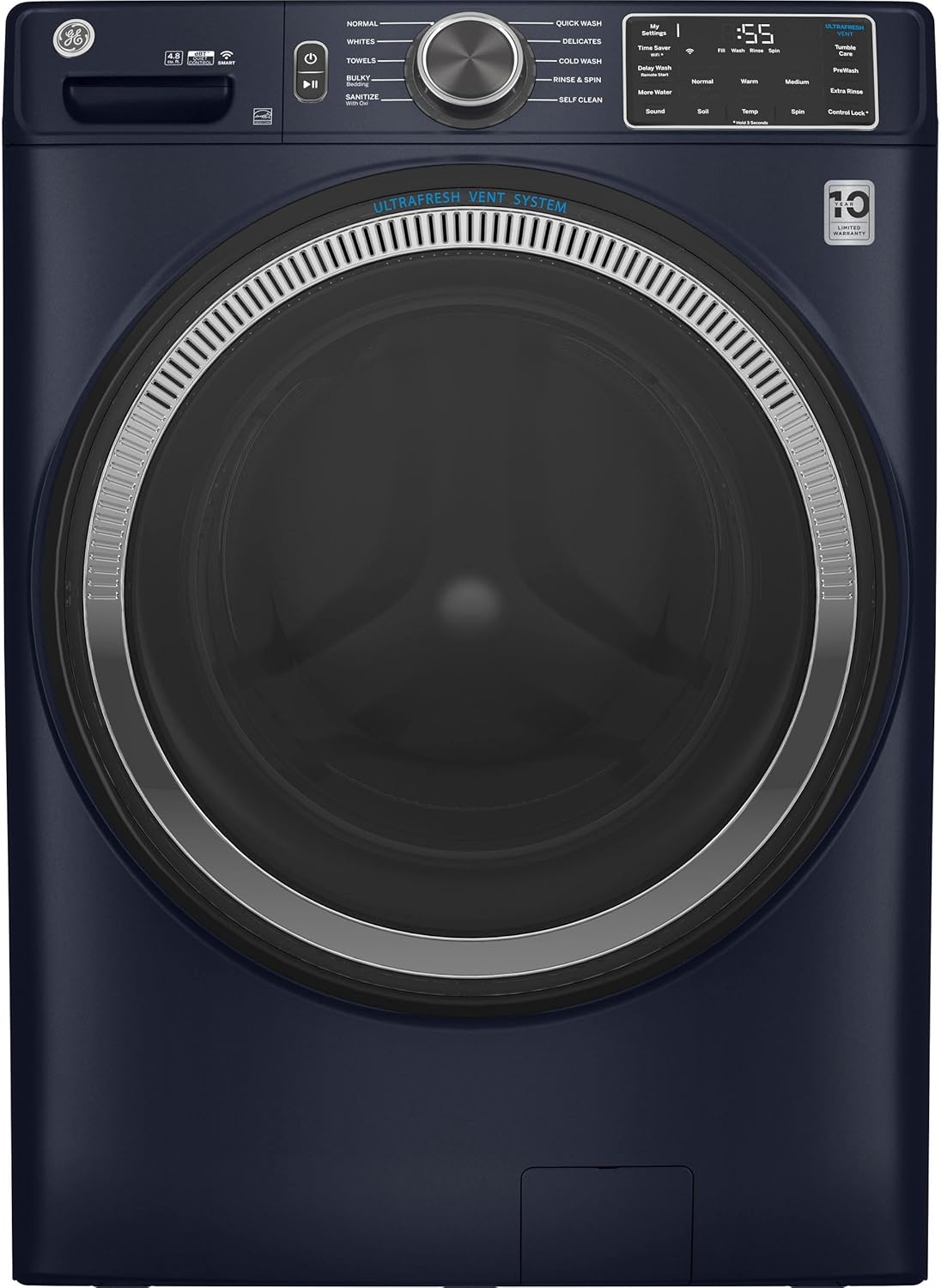 Front view of the GE GFW550SPRRS Smart Front Load Washer in Sapphire Blue.