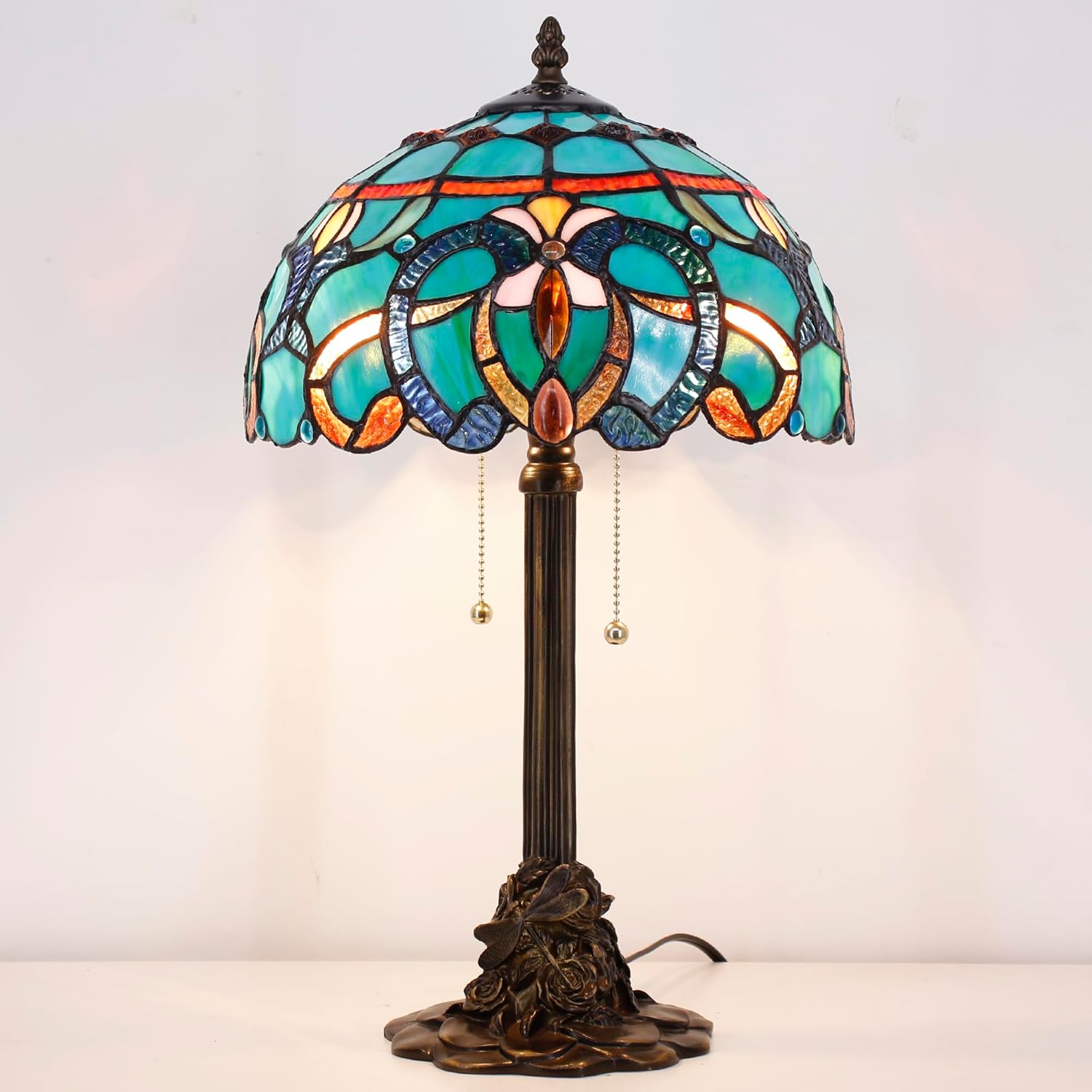 Tiffany Table Lamp Stained Glass Desk Lamp 12X12X21Inch Resin Base for Bedroom Living Room Reading Light (Brown Jewelry Baroque)