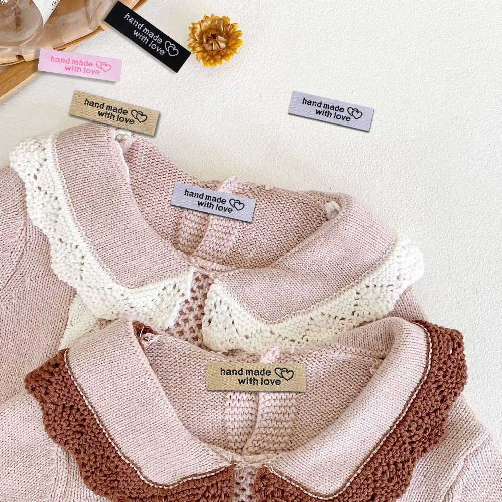 90 Étiquettes à Coudre En Polyester – 6 Modèles Différents, Impression « Fait à La Main » – Pour Vêtements, Tricots, Décorations