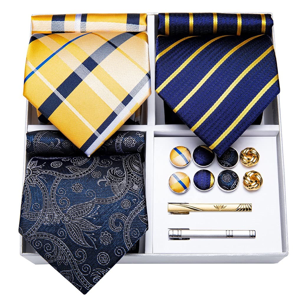 3er Pack Mode Seidenkrawatte Einfarbig Gelb Blau Rosa Krawatte Set Geschenk for Herren Hochzeit Krawatte Manschettenknöpfe (Color : Striped, Size : One Size)