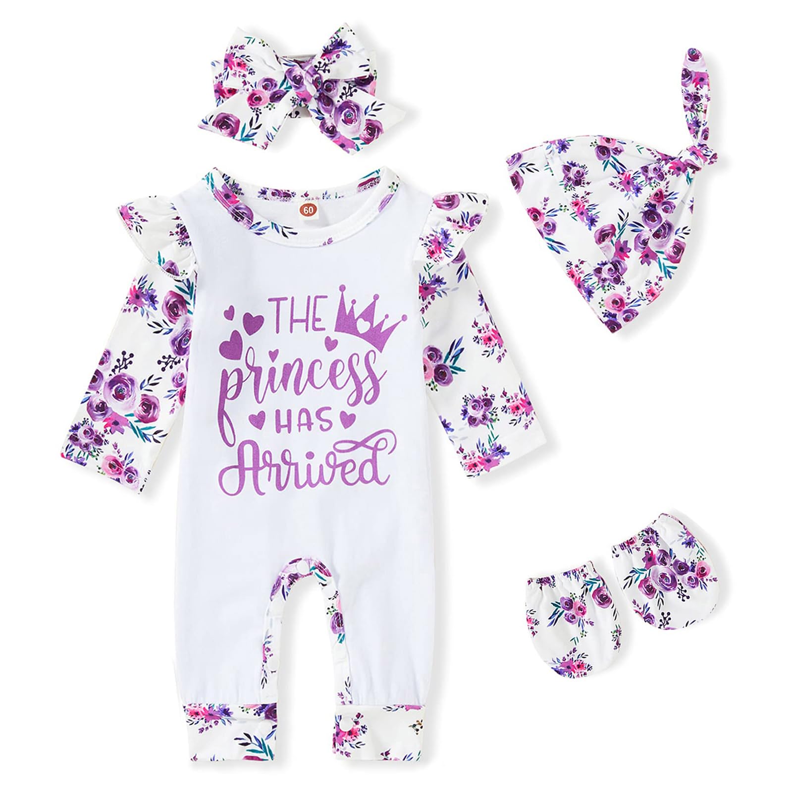 GRNSHTSNewborn Baby Girl Romper Infant Letter Print Jumpsuit Floral Bodysuit+Hat+Headband+Gloves Coming Home Clothes Outfits