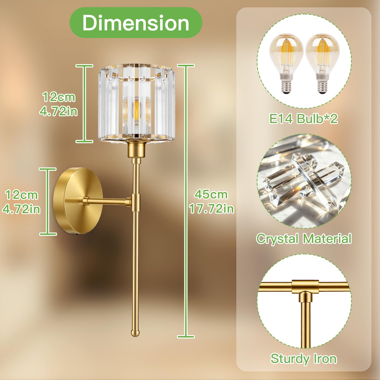 Kimjo LED Wandleuchte Innen Akku, Vintage Gold Kristall Wandlampe Innen Dimmbar, Kabellose Wandleuchte Ohne Stromanschluss, USB-C Aufladbare Wandleuchte für Wohnzimmer Schlafzimmer Flur, 2 Stück