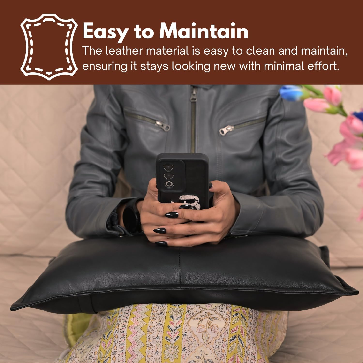 100% Lambskin Leather Pillow Cover - Sofa Cushion Case - Decorative Throw Covers for Living Room & Bedroom, Black Box Pack of 2-14X22 Inch
