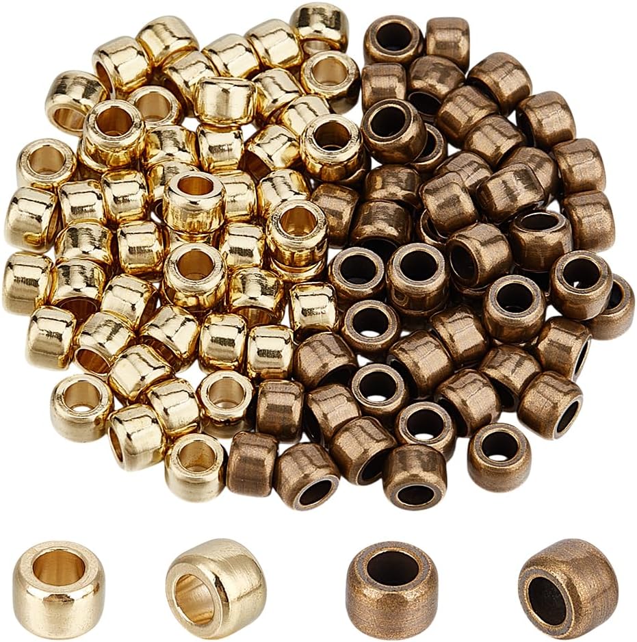 OLYCRAFT 100Pcs 2 Colors Brass Lanyard Beads 3.8mm Hole Brass Paracord Beads Column Spacer Beads Large Hole Beads Brass European Beads Gold Brass Barrel Paracord Beads for Bracelet Jewelry Charms