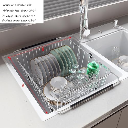 Miniatura 5 de ESBOLM Escurridor de platos de acero inoxidable para fregadero de cocina con función de secado expandible, escurridor de platos duradero de acero