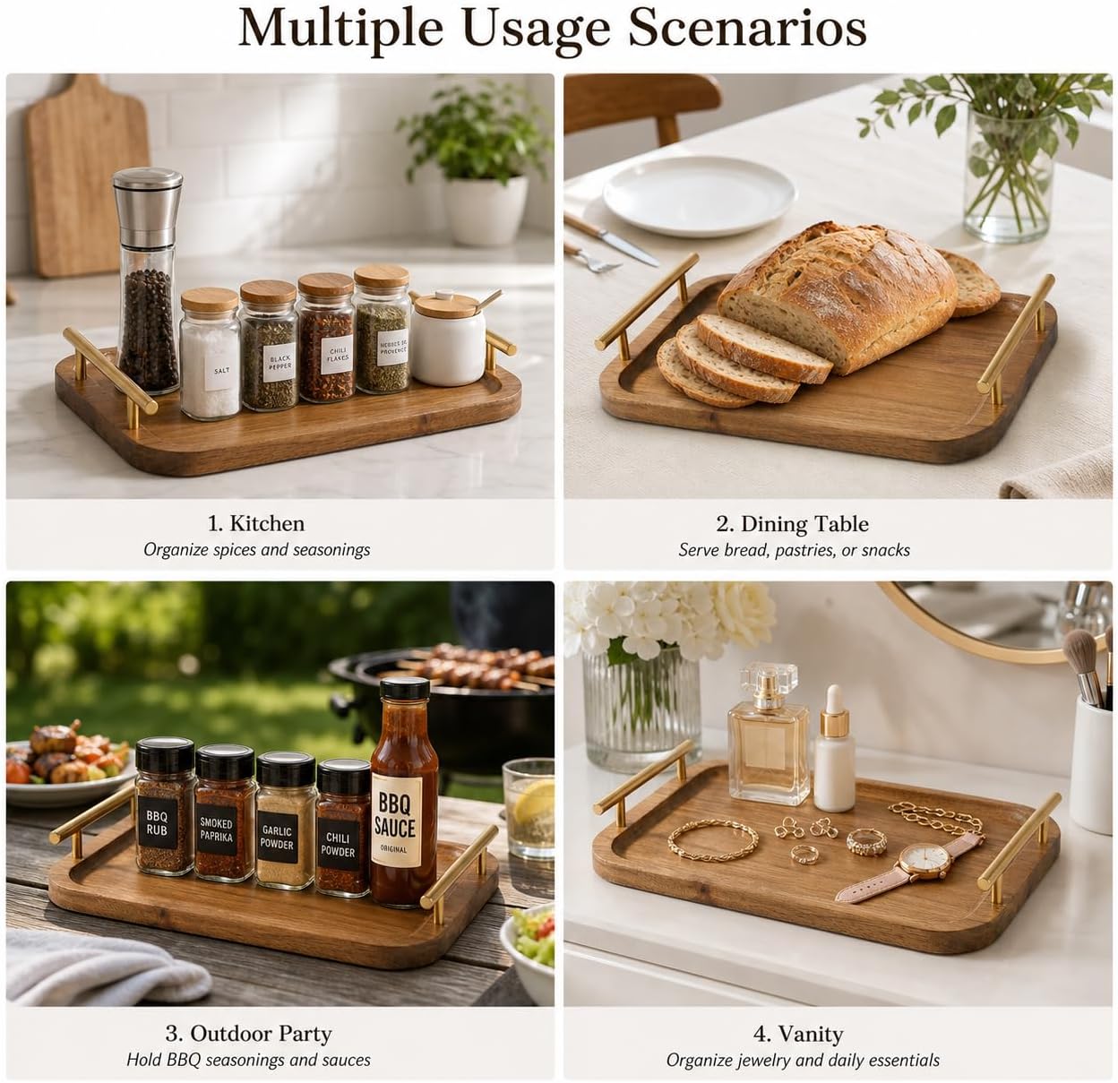 Bathroom Tray for Countertop Organizer,Vanity Tray with Gold Handle, Acacia Wood Tray for Bathroom Decor,Toilet Tank Tray, Multipurpose Organizer Rack for Lavatory, Bathroom, and Kitchen 11.8"x7.8"