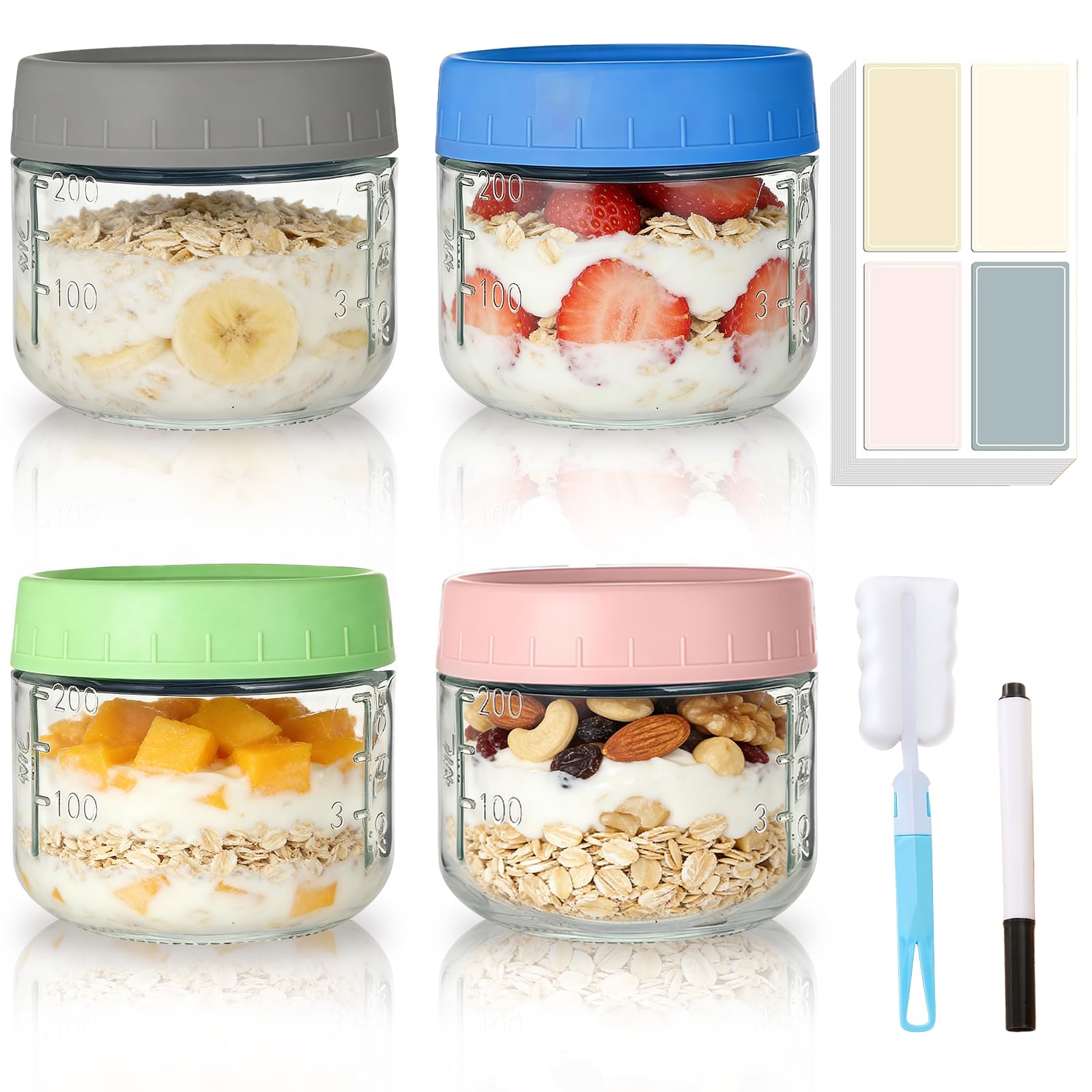 Meetoz 4 Pack-350Ml 4-Pack 12 Oz Glass Jars,Overnight Oats Containers With Screw Lid, Glass Food Storage, Reusable Small Mason Jars For Food Spice Fruit Sauce Cereal Snacks Storage (4 Pack-350Ml)