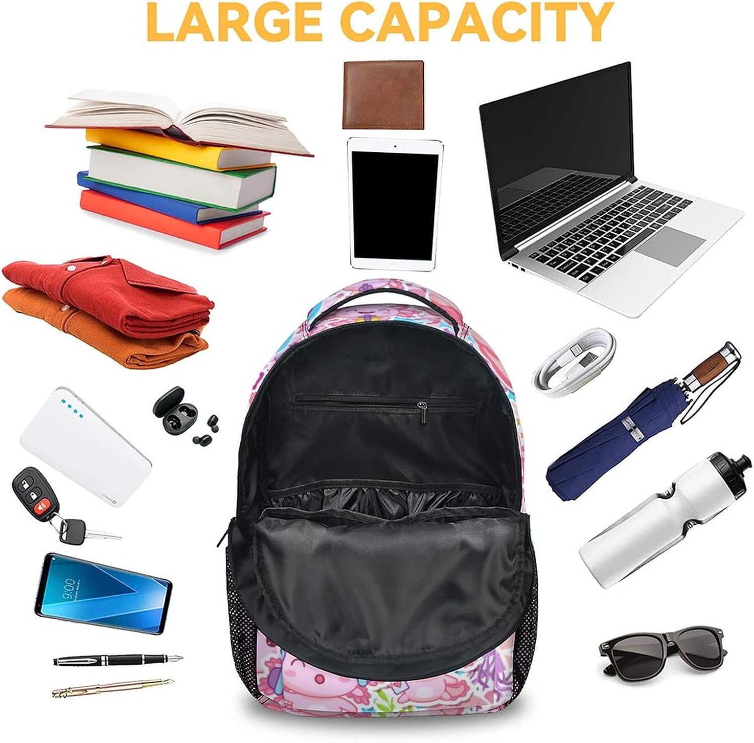 Girls Backpack for School - 16" Cute Axolotl Backpacks for Kids - Pink Large Capacity Lightweight Bookbag for Students - Cartoon Animals School Bag for Preschool - Image 5