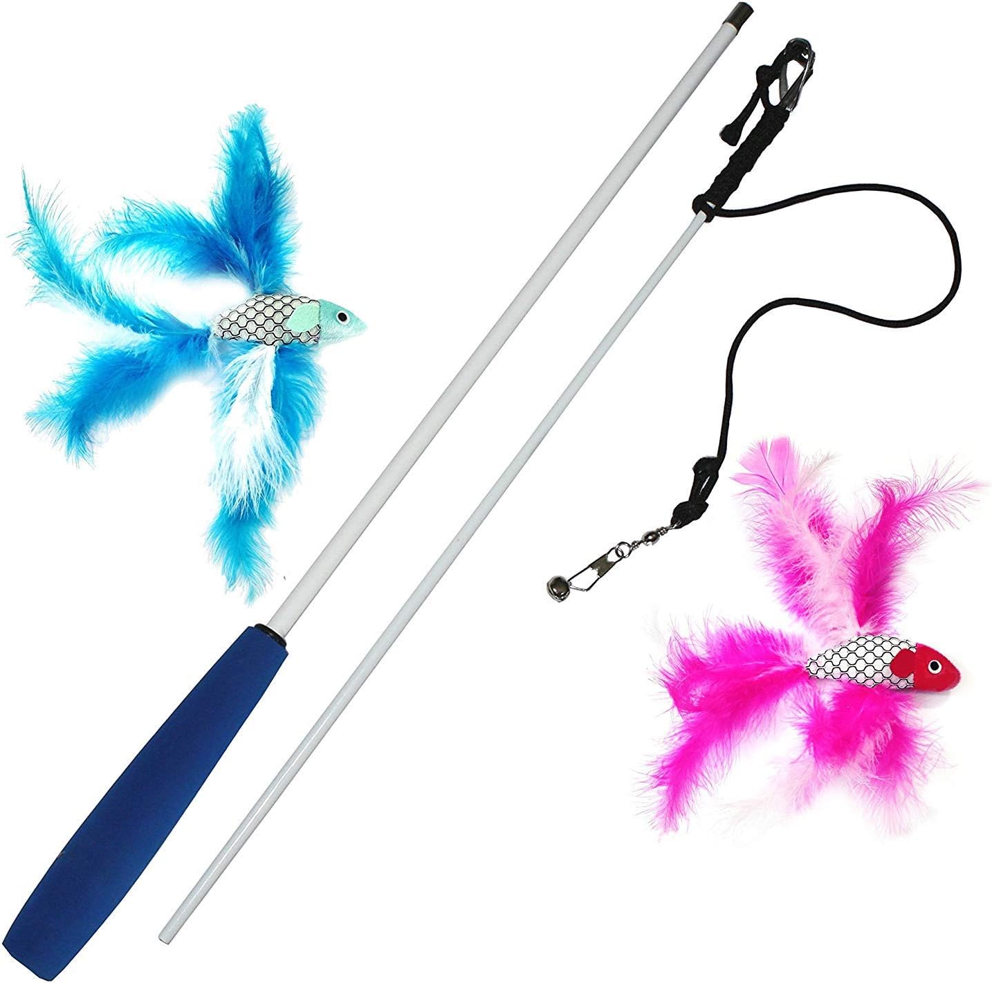 Pet Fit For Life 2 Fish and Feather Teaser and Exerciser for Cat and Kitten - Cat Toy Interactive Cat Wand