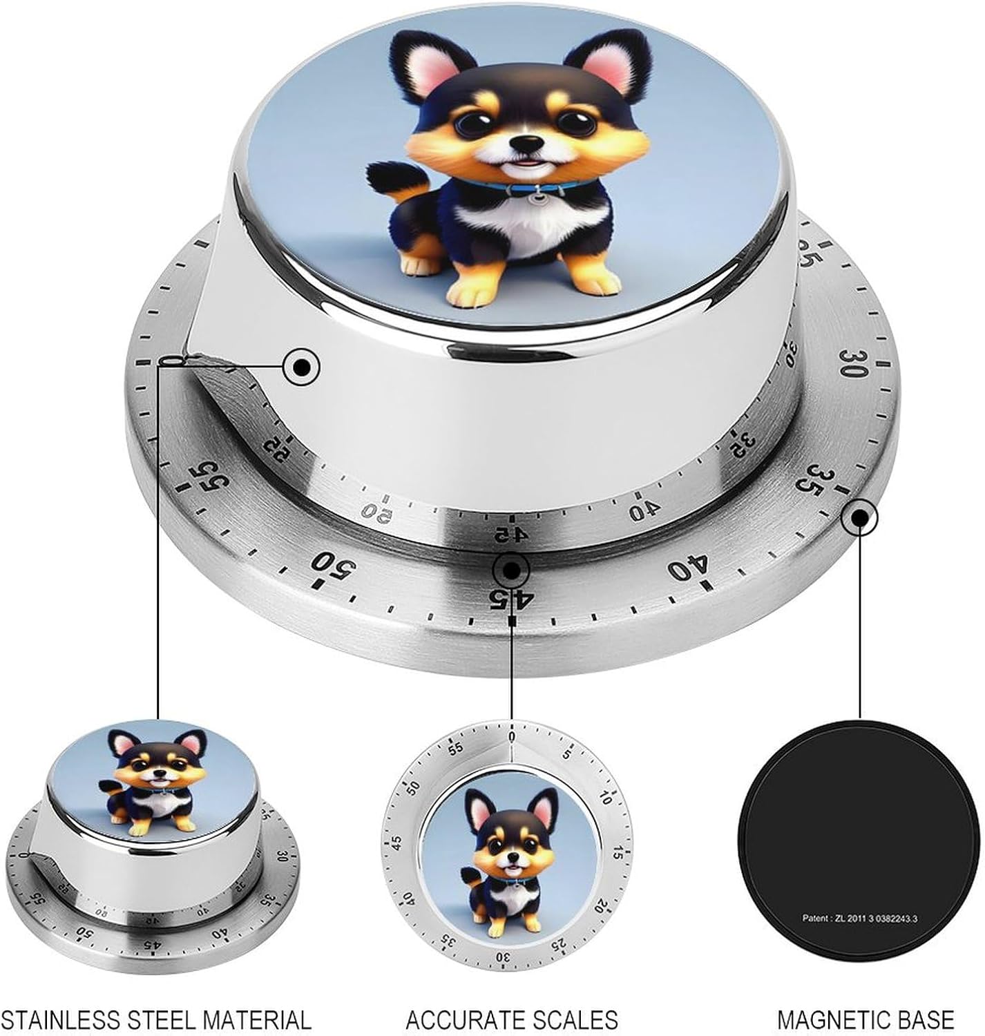 Card Love Fancy Puppy Timer Stainless Steel Kitchen Timers Waterproof & Rust-Proof 60 Minute Mechanical Timer with Loud Alarm for Cooking, Baking, Fitness