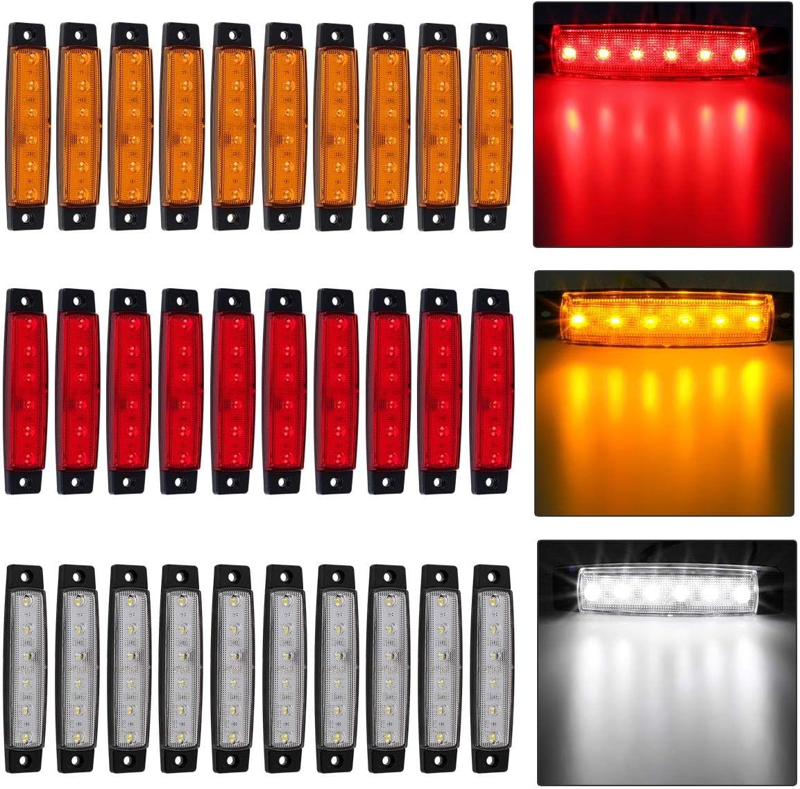 Partsam 30Pcs 3.8" Slim 6 Led Side Marker Clearance Lights Indicator for Truck Trailer RV Camper Motorcycle Tractor Pickup Bus Boats Lorry, Utility Strip Light 12V(10 Red+10 Amber+10 White)