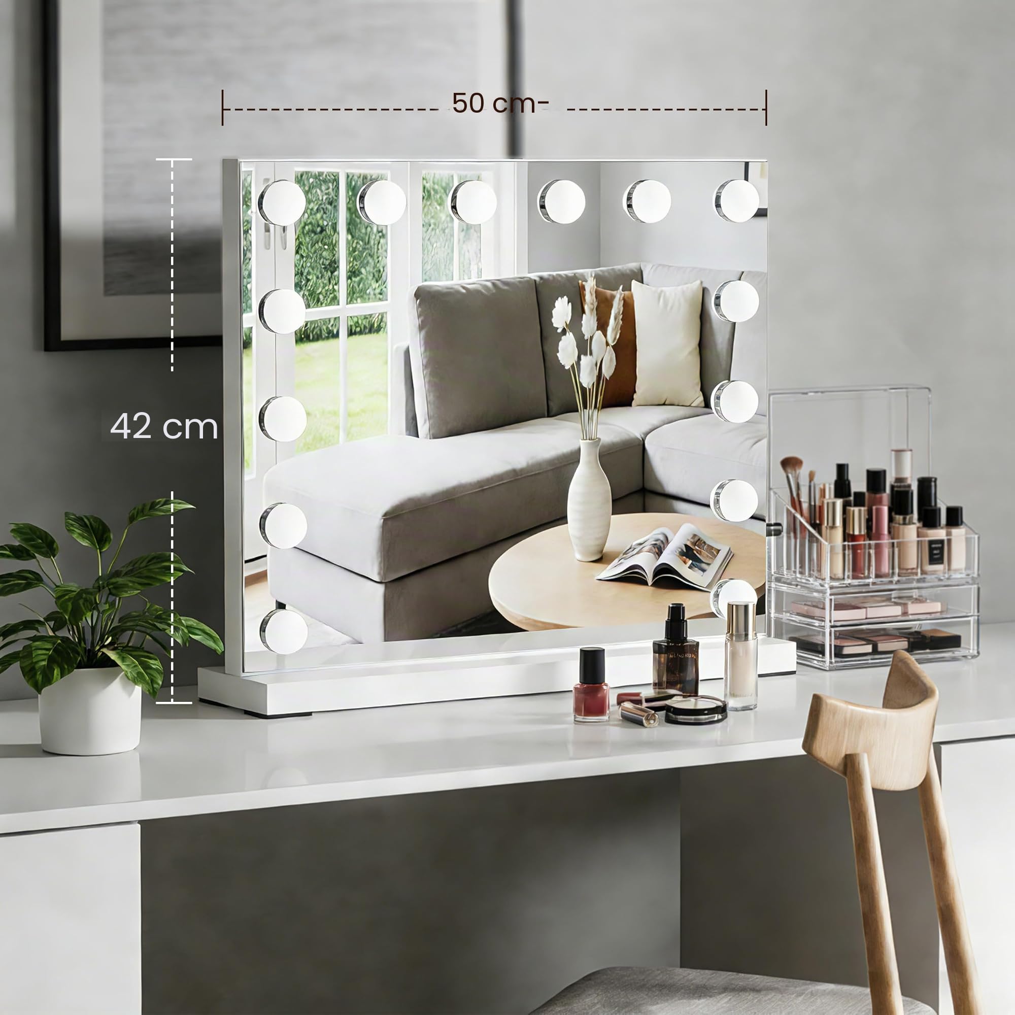 Miroir de Maquillage Hollywood avec Lumière, Miroir Coiffeuse LED 50x42 cm avec 14 Ampoules Variable, 3 Modes Couleur, Port de Charge USB, Contrôle Tactile et Miroir Grossissant, Fixation Murale ou su