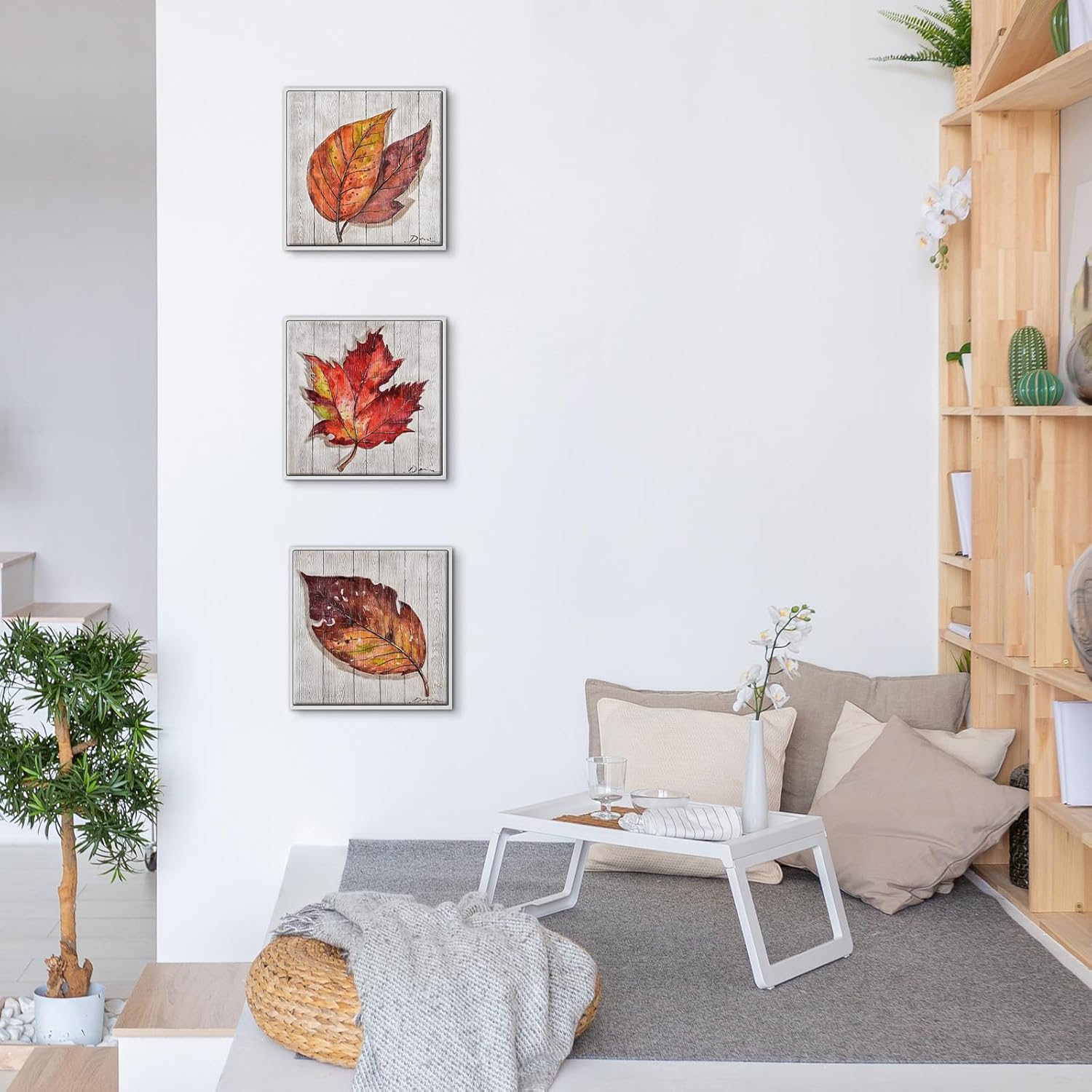 Framed Wall Art for Living Room, Landscape Art, Nature Wall Decor, Set of 3 Maple Leaves Decoration for Bedroom Kitchen, Farmhouse Bathroom Decor, 12.4 x 12.4 inches