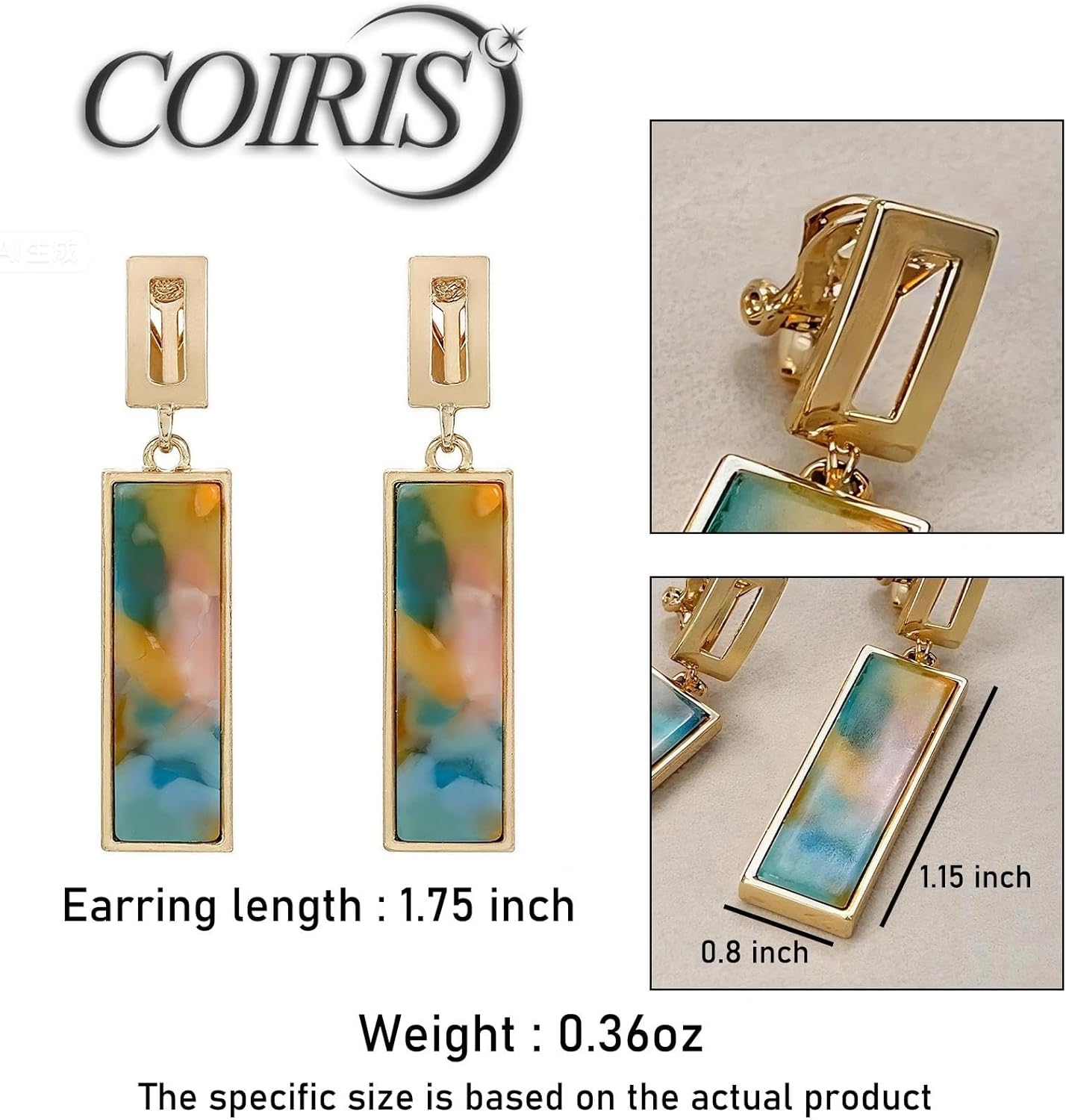 Coiris Clip on Dangle Earrings for women Colorful Rectangle Geometric Resin Dangle Boho Hypoallergenic Nonpierced Earrings for Sensitive Non-Pierced Ears - Image 4