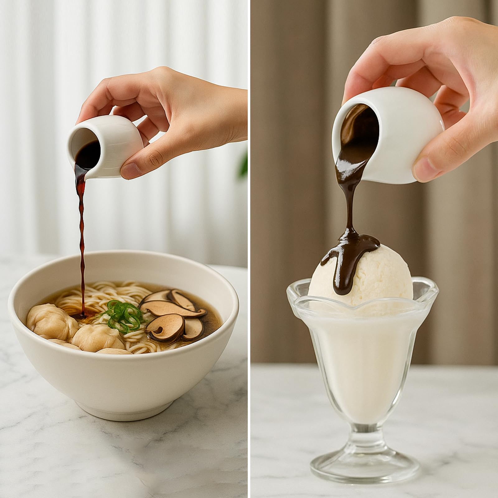 APOMOONS 6 Stück Milchkännchen Klein, Milchkännchen Porzellan mit Keramiklöffel, Sauciere Porzellan für Milch Kaffee Sirup Soßen (50ml, Weiß)