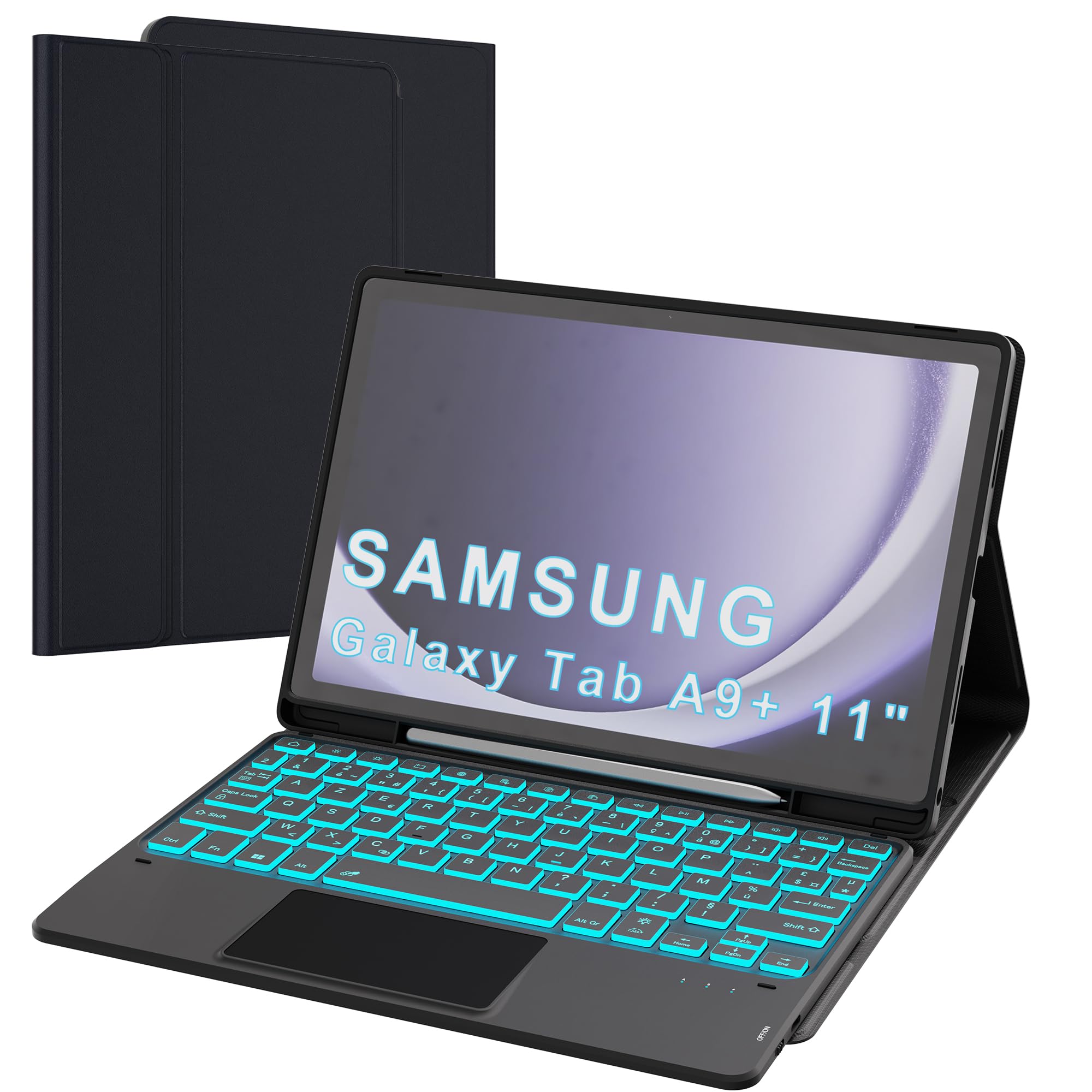 Étui Clavier pour Samsung Galaxy Tab A11 Plus/A9+ 11 Pouces - 7 Couleurs Rétroéclairées Amovible Tablette Coque Sans Fil avec Pavé Tactile – Tab A9 Plus 11" Rechargeable AZERTY Français Clavier Noir
