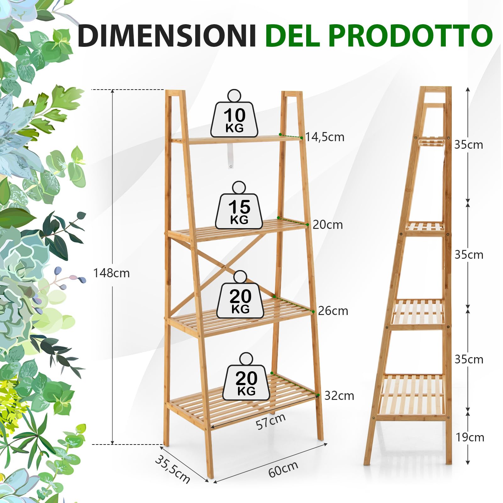 COSTWAY Scaffale a Scala in Bambù a 4 Piani, Supporto Multifunzionale per Piante con Dispositivo Anti-Ribaltamento, Ideale per Terrazza, Giardino, Balcone