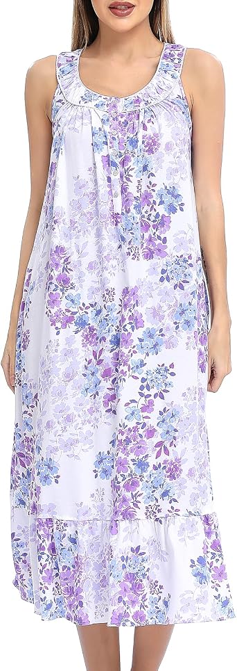 100% Cotton Nightgowns for Women Soft Night Gown Sleeveless Long Sleepwear Ladies Cute Victorian House Dress S-XXL
