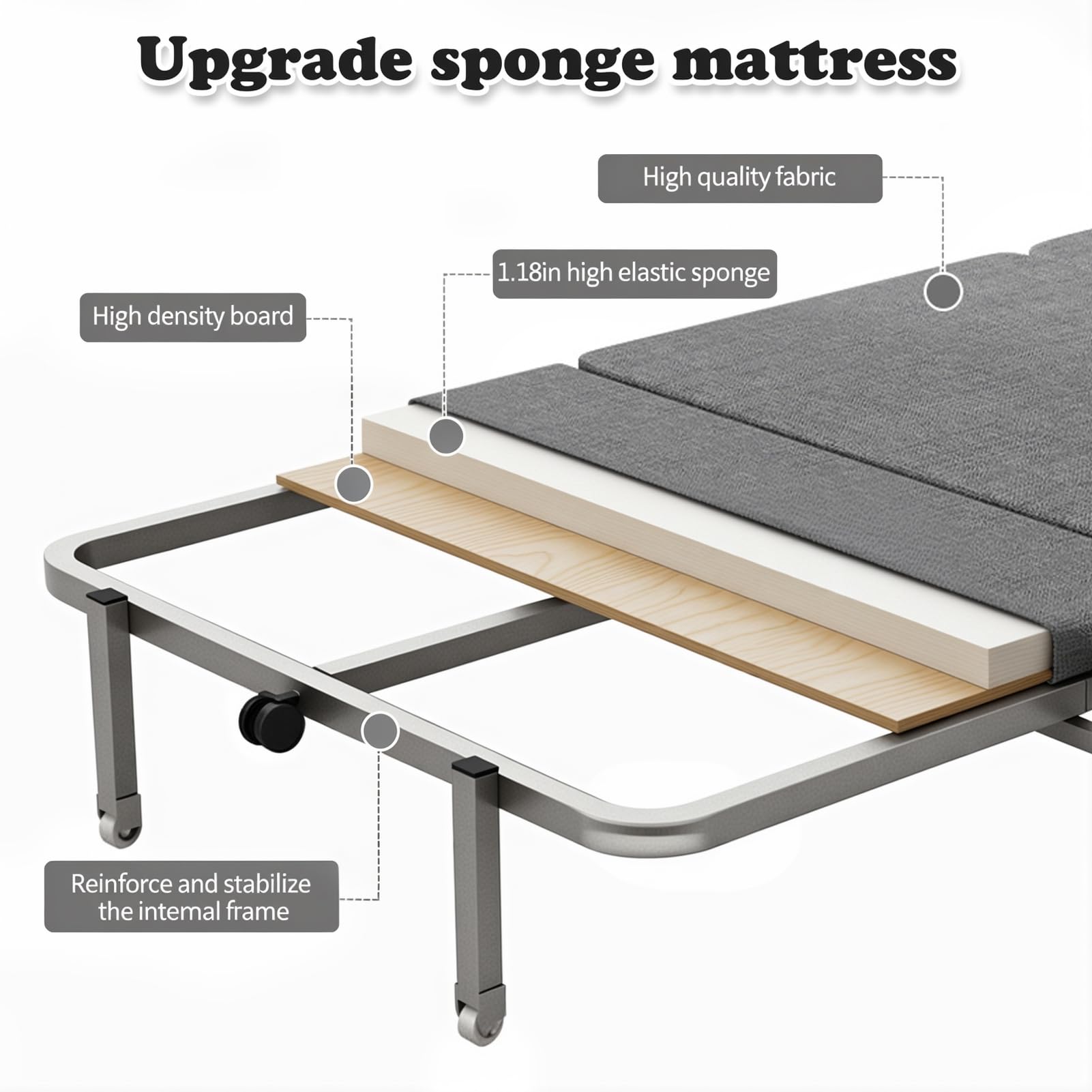 Lettino pieghevole, resistente lettino da campeggio con comodo materassino, struttura in metallo portatile, letto per gli ospiti per adulti, lettino regolabile per dormire, grigio