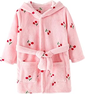 Bata para niñas, bata de baño de chicas de franela con capucha con cintura, túnica suave y cálida con linda impresión de cerezas para la carga de la casa, dormir, bañarse, nadar, etc.