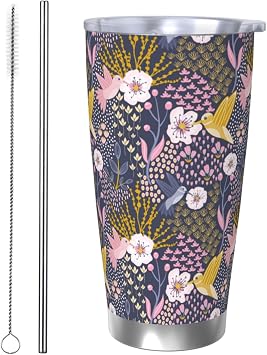 Hummingbird and Cherry Blossom for 20oz Car Cup Holder, Insulated Coffee Mug with Lid and Handle, Leak-Proof Spill Proof Travel Tumbler for Vehicle, Fits Most Auto Cup Holders