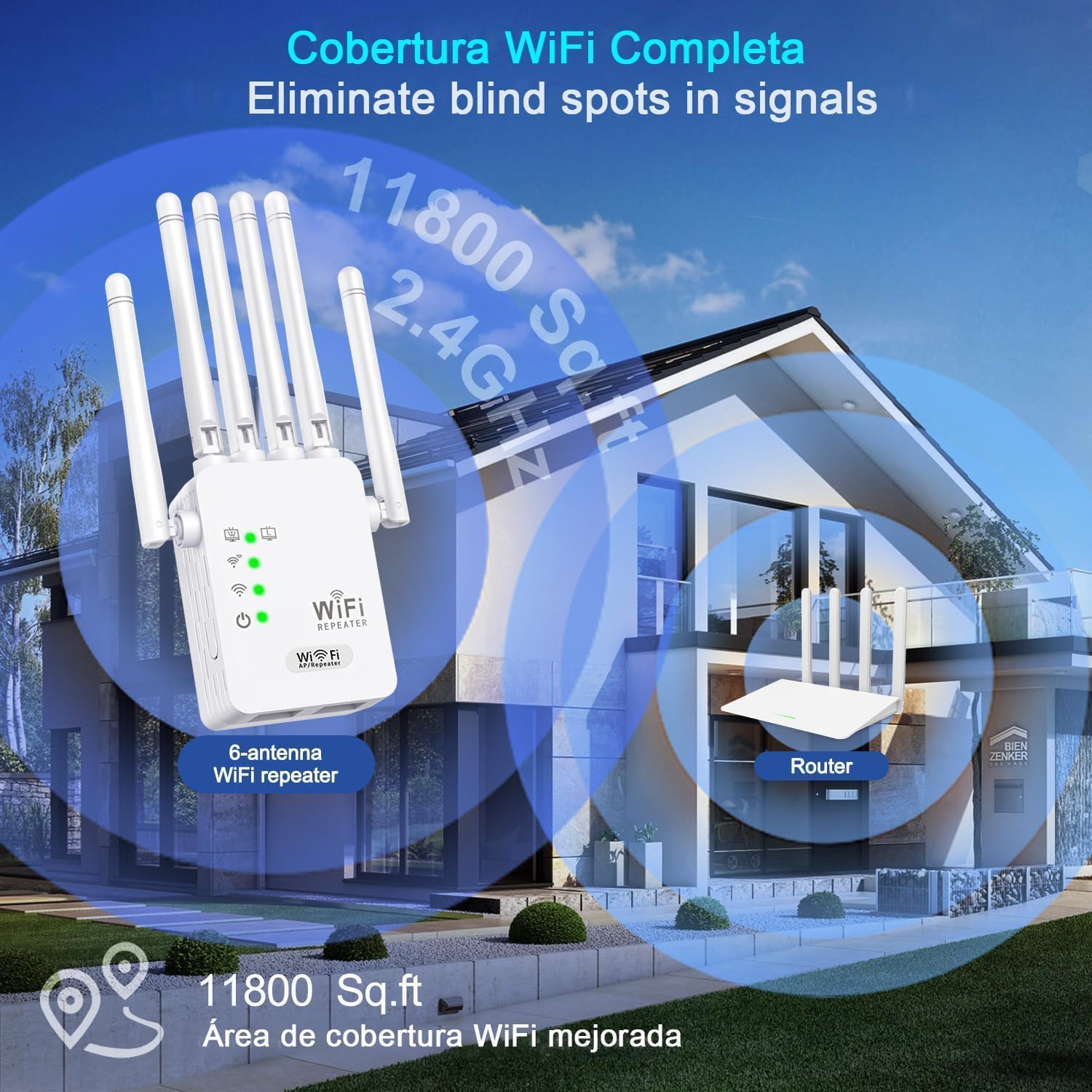 Repetidor WiFi Más Vendido,Amplificador Señal WiFi Potente,6 Antenas Y 2 Puertos LAN,WiFi Extender,Extensor WiFi para El Hogar Y La Oficina, Fácil De Instalar