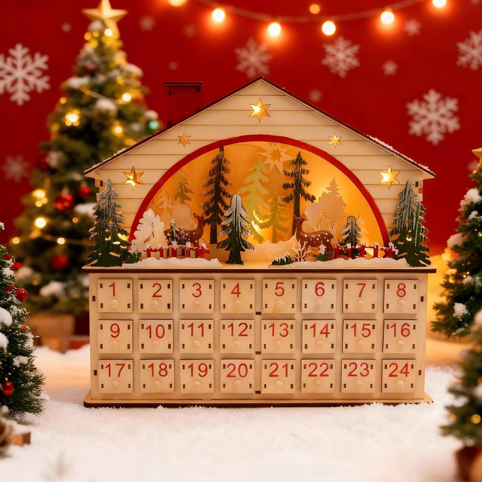 Countdown-bis-Weihnachten-Kalender mit Schubladen für Feier, Wohnung | rustikalholz kalender 24 tage countdowns hausformen szenen mit schreibtischdekorationen tischplatten weihnachten w