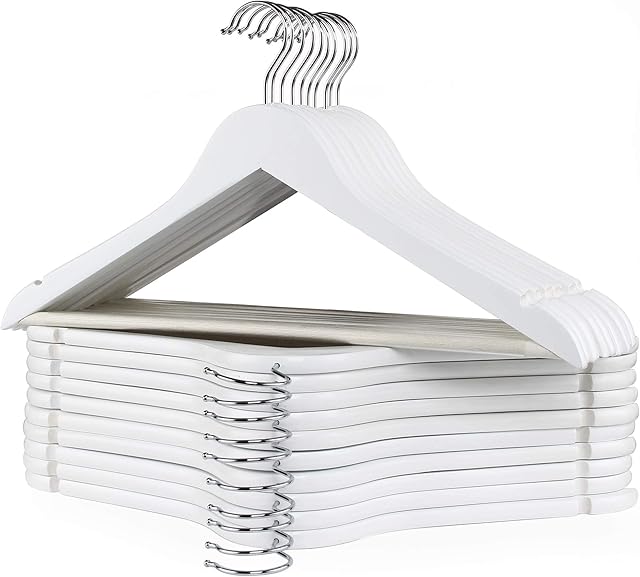 GRANDMA SHARK 20 Pack Wooden Coat Hangers, Strong Wood Hanger, with 360° Hook, Transparent Non-slip Strip and Shoulder Notches for Suspenders, Coats, Jackets, Suits (White)