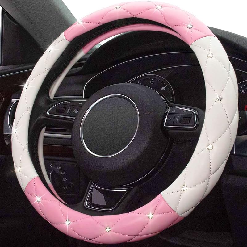 Capa para volante branca e rosa com strass, couro e interior antiderrapante Xizopucy para carros e SUVs