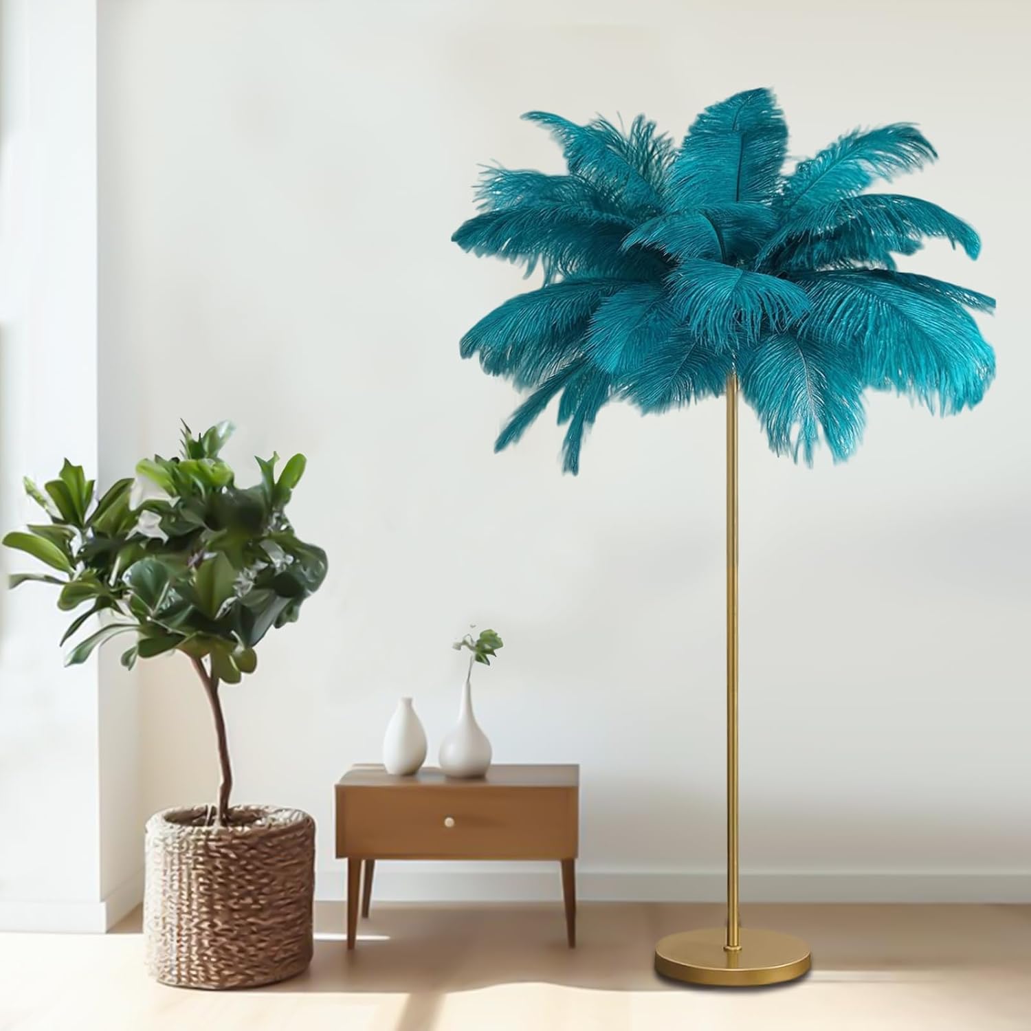 Feather Floor Lamp,Fluffy Ostrich Feather Floor Lamp for Bedroom,3 Color Temperatures Led Corner Modern Floor Lamps for Living Room Christmas Home Decor House Warming Gifts,63″ Height,50 Piece(Blue)