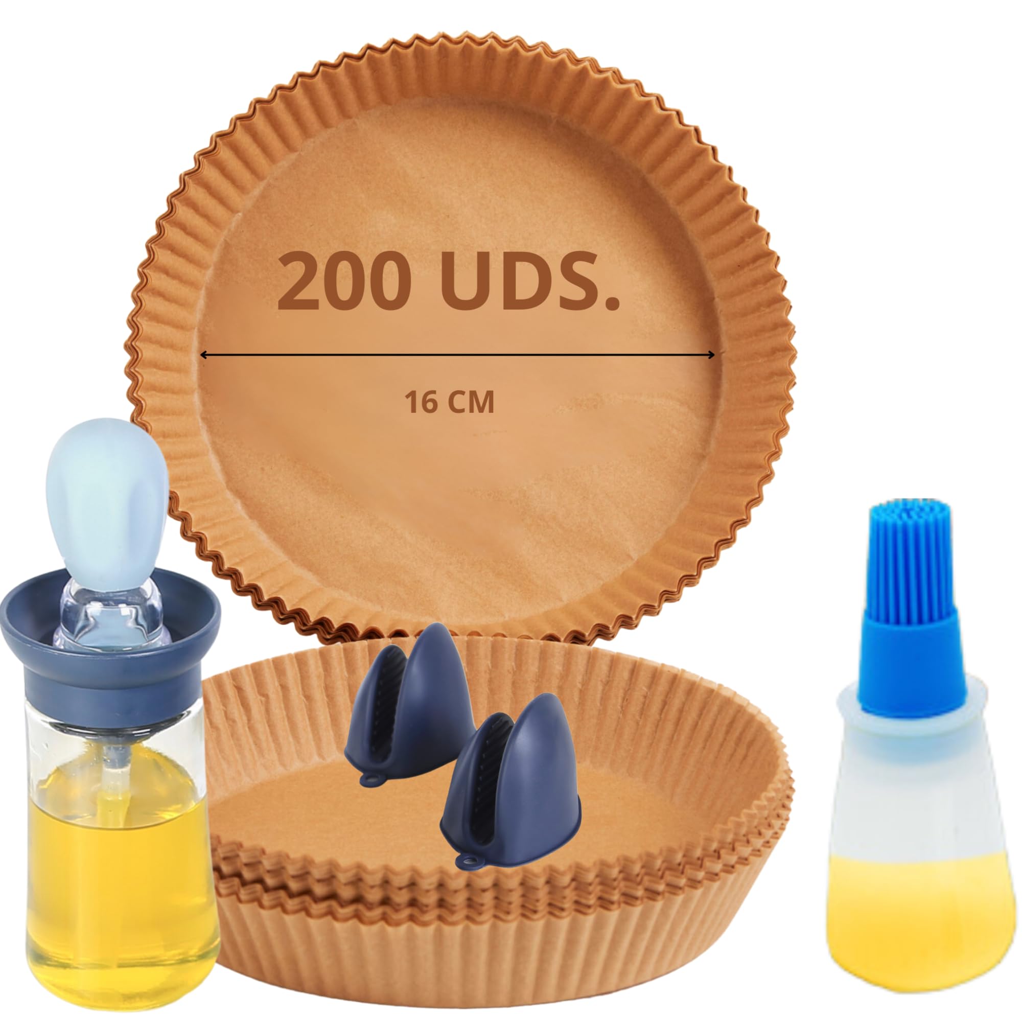 Papel Freidora Aire. 200 Ud. Papel para Freidora de Aire de 16cm+Guantes silicona+2 Aceiteras con Brocha. Papel Air Fryer Redondo. Moldes Papel Freidora de Aire Antiadherente.