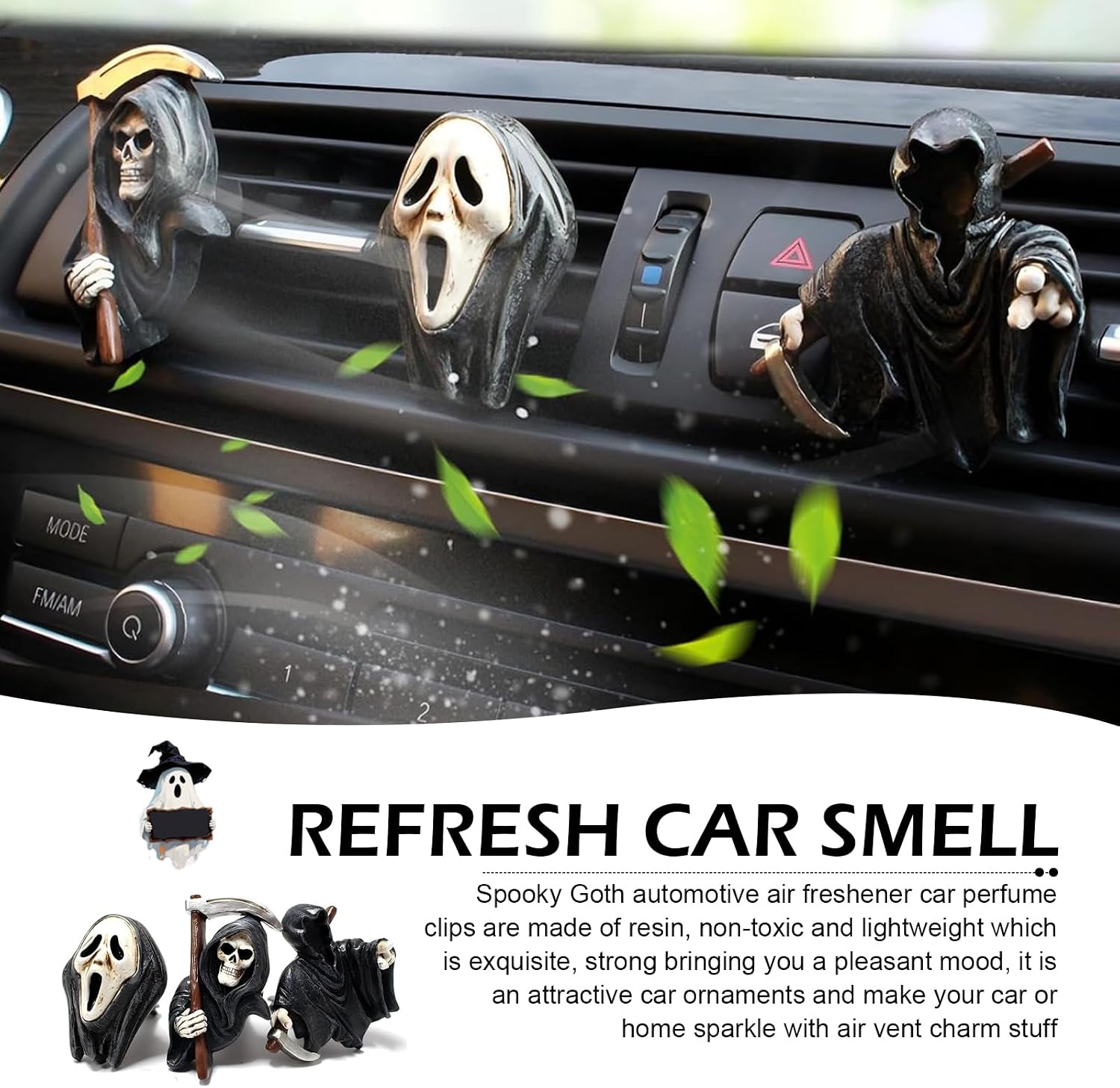 3 PCS Car Air Vent Decorations, 3D Horror Grim Reaper Decorative Clip, 3 Poses Gothic Straight Outlet Diffuser, Universal Interior Ornament for Most Cars (Black)