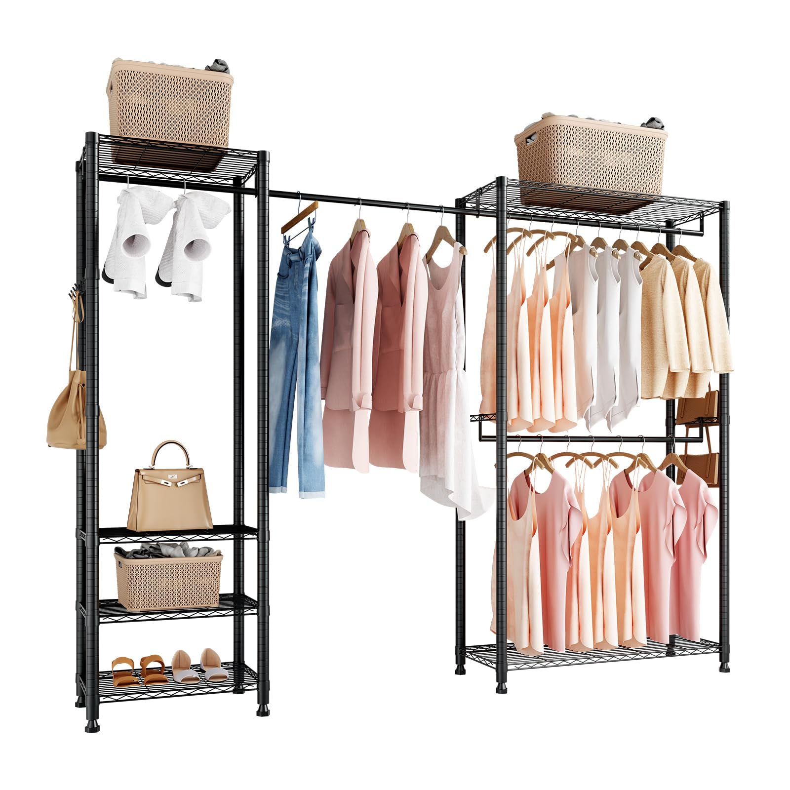 VEVOR Perchero, con 4 Barras y Capacidad de Carga de 363 kg, 6 Estantes y 8 Ganchos, Armario Abierto para Dormitorio, Tienda de Ropa, Guardarropa y Pasillo, Color Negro, 244 x 38 x 180,​35 cm