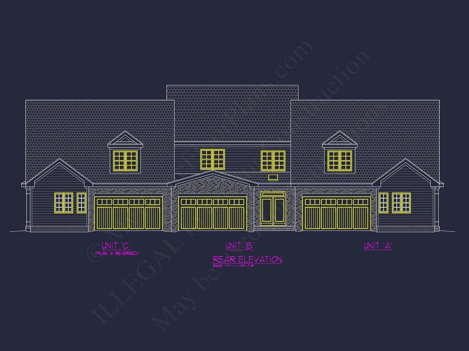 12-2340 TRIPLEX Townhouse Plan - Efficient Multi-Family Triplex House Plan with CAD Designs