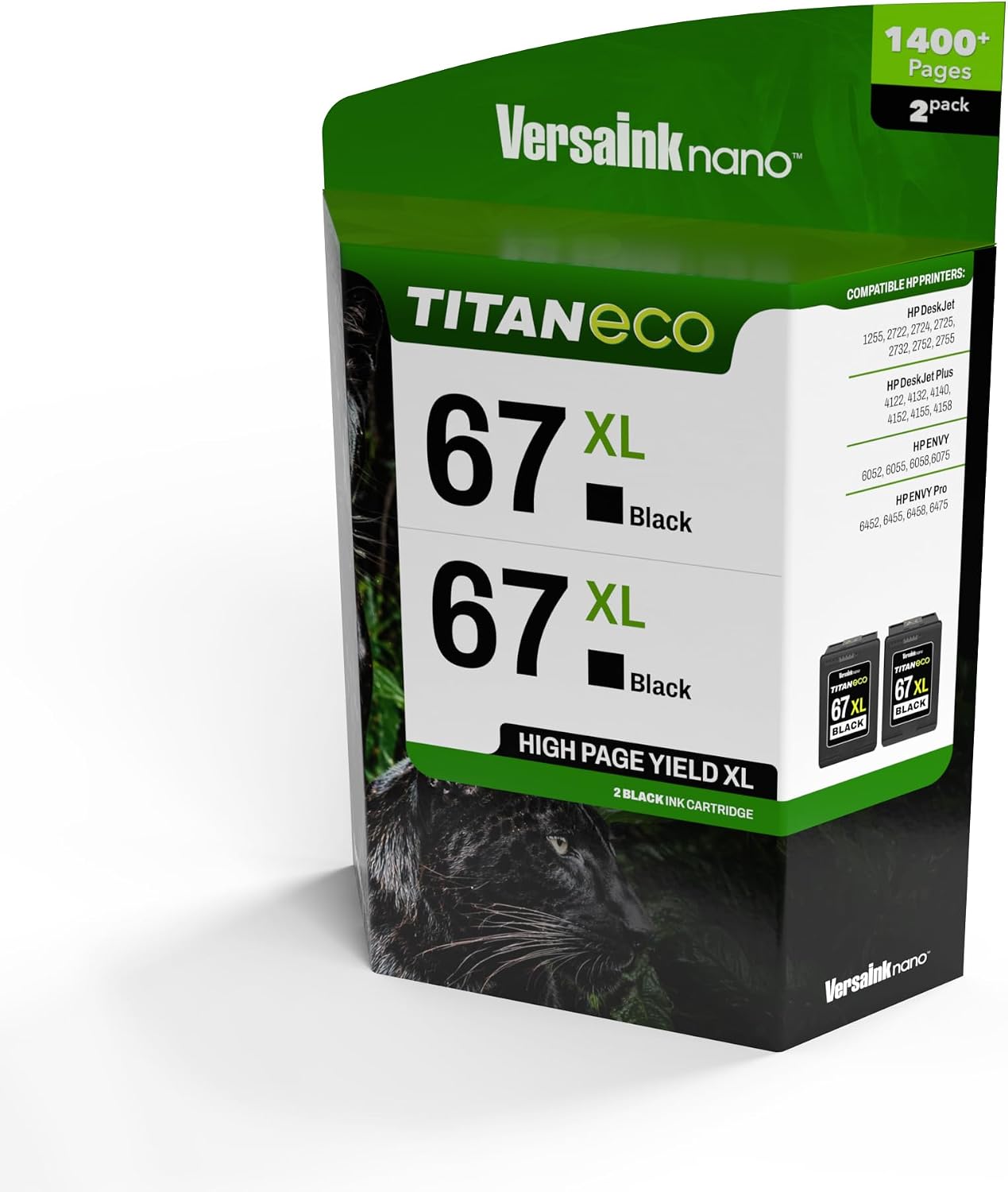 VersaInk-Nano 67 XL Titan ECO High-Yield Black Ink Cartridge 2-Pack Replacement of HP 67 and 67 XL, Works with HP DeskJet 2723,2734,2755,2855,4133,4155,4255, Envy 6055,6075,6455,6475