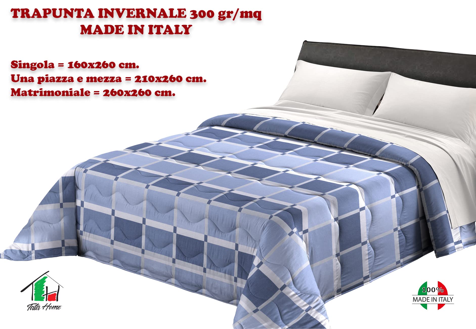 Tata Home Trapunta Invernale Matrimoniale Imbottita 300 gr/mq Piumone Caldo 260x260 cm Fantasia Geometrica a Quadri Made in Italy Colore Azzurro Blu