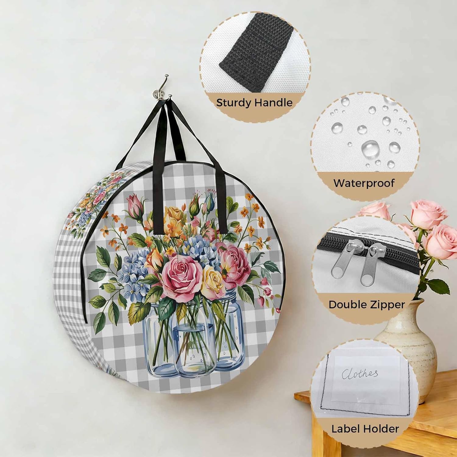 Storage Bag Flower Vase Round Storage Totes Bins Closet Organizers with Zippers & Handle Leaves Plant Grey Plaid Clothes Storage Container for Bedroom Dorm Space Saving Packing Supplies Moving Bags