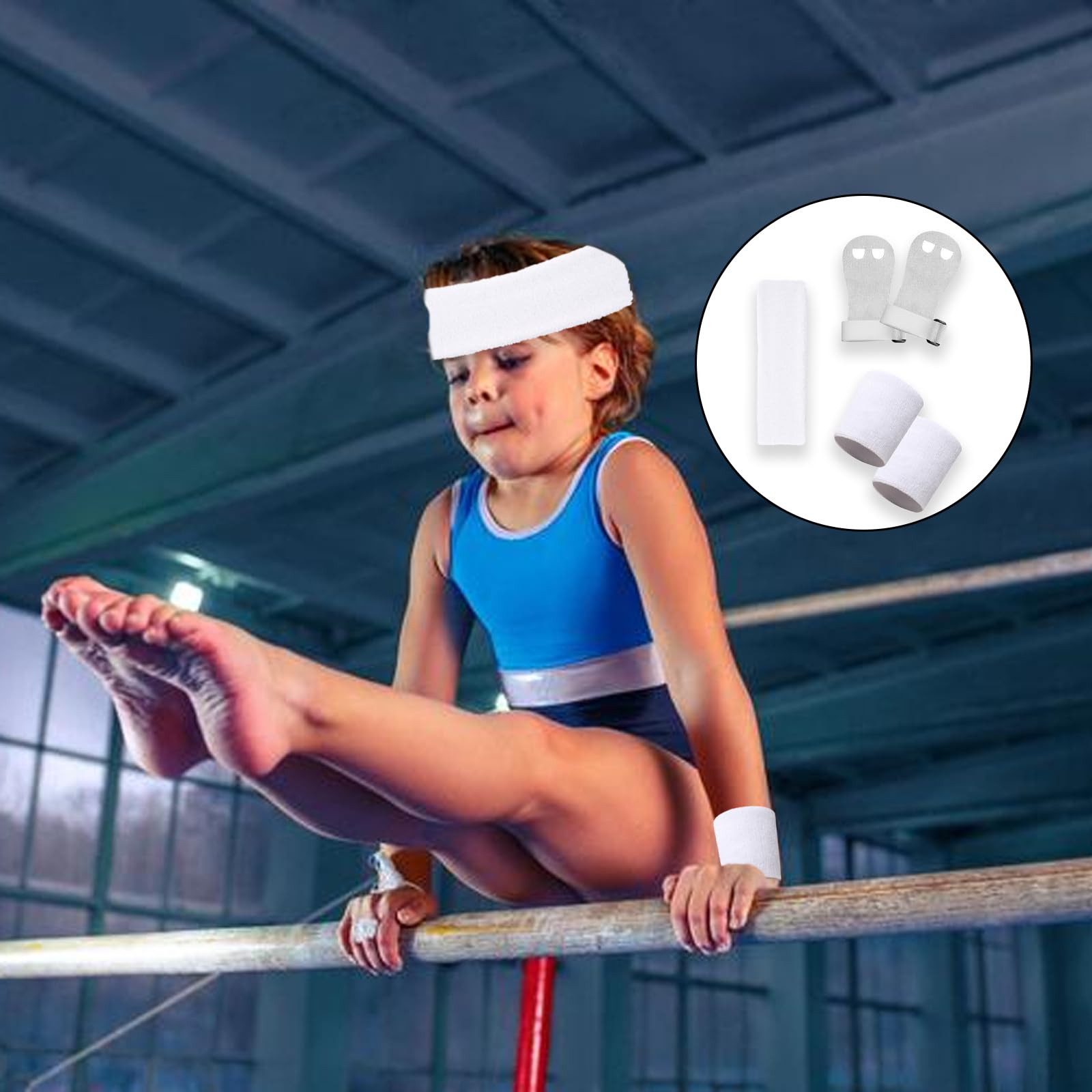 SSKHE 5 Pezzi Set di Grip da Ginnastica Bianchi con Polsini Assorbenti, Protezione del Palmo e Supporto al Polso per Ragazze, Bambini e Giovani, Accessori per Attività Sportive e Allenamento